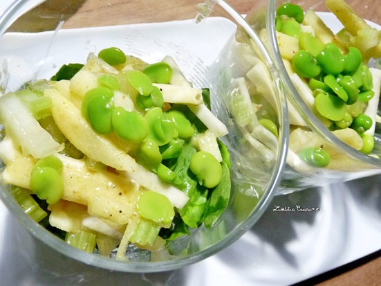 Salade allumettes : céleri, pomme, épinard et févettes 